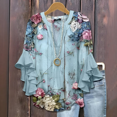 Elara™ | Luchtige Blouse met Ruffle-Mouwen en Bladerenprint