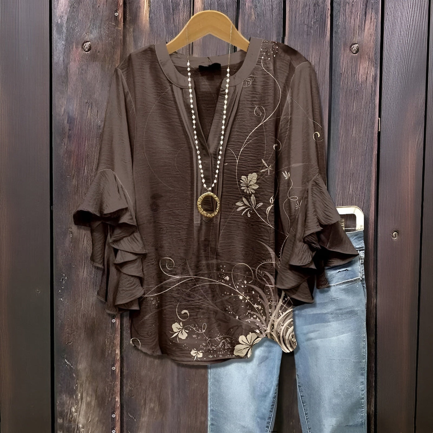 Elara™ | Luchtige Blouse met Ruffle-Mouwen en Bladerenprint