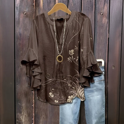 Elara™ | Luchtige Blouse met Ruffle-Mouwen en Bladerenprint
