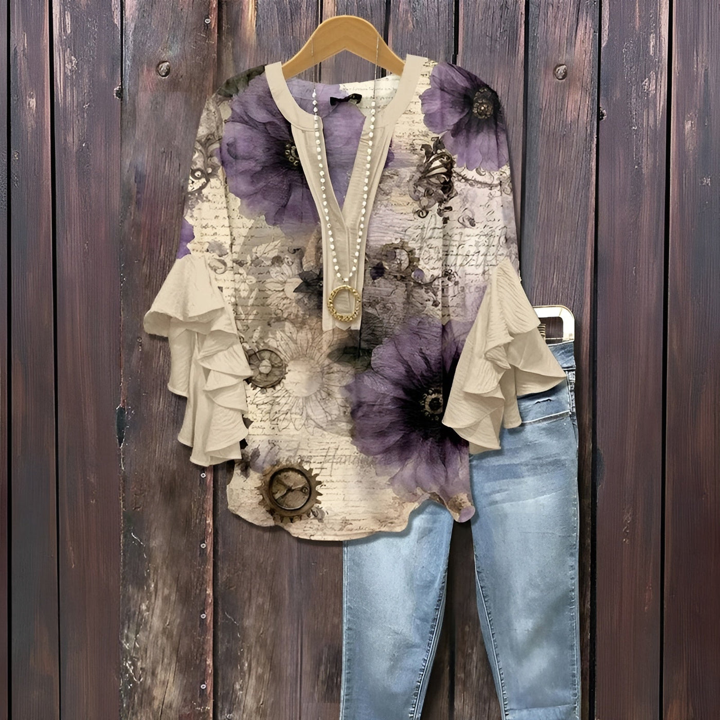 Elara™ | Luchtige Blouse met Ruffle-Mouwen en Bladerenprint