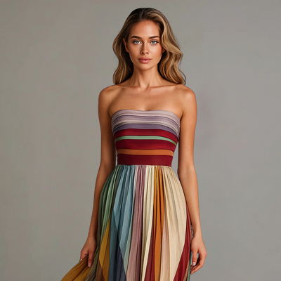 Aurora™ | Strapless Maxi Jurk met Kleurrijke Plissé