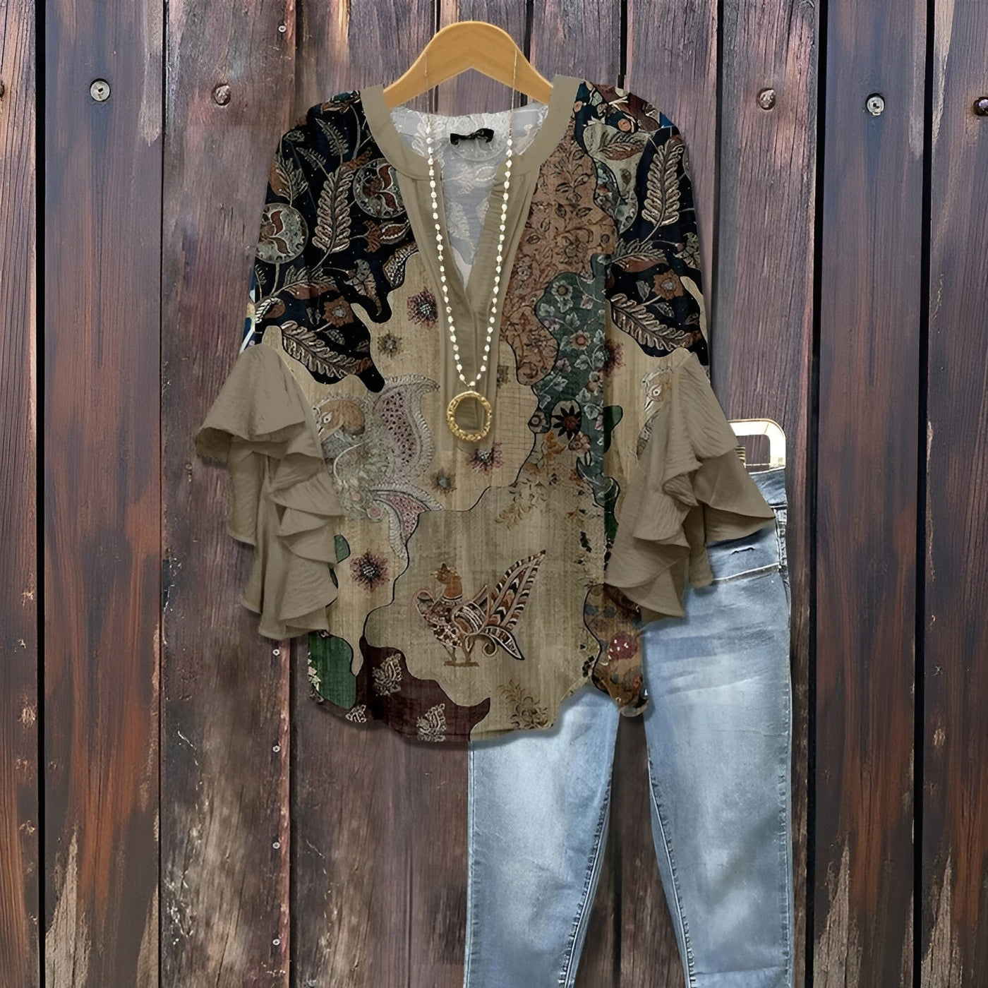 Elara™ | Luchtige Blouse met Ruffle-Mouwen en Bladerenprint