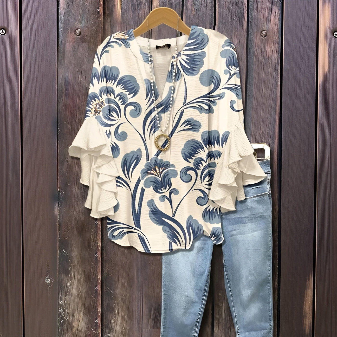 Elara™ | Luchtige Blouse met Ruffle-Mouwen en Bladerenprint