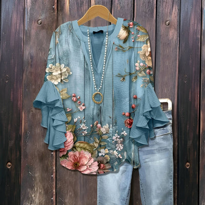 Elara™ | Luchtige Blouse met Ruffle-Mouwen en Bladerenprint