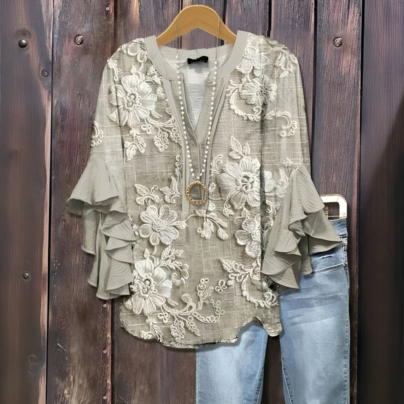 Elara™ | Luchtige Blouse met Ruffle-Mouwen en Bladerenprint