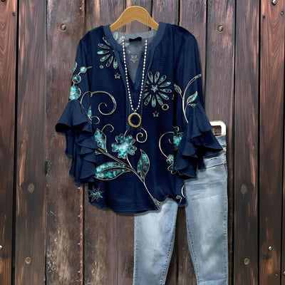 Elara™ | Luchtige Blouse met Ruffle-Mouwen en Bladerenprint