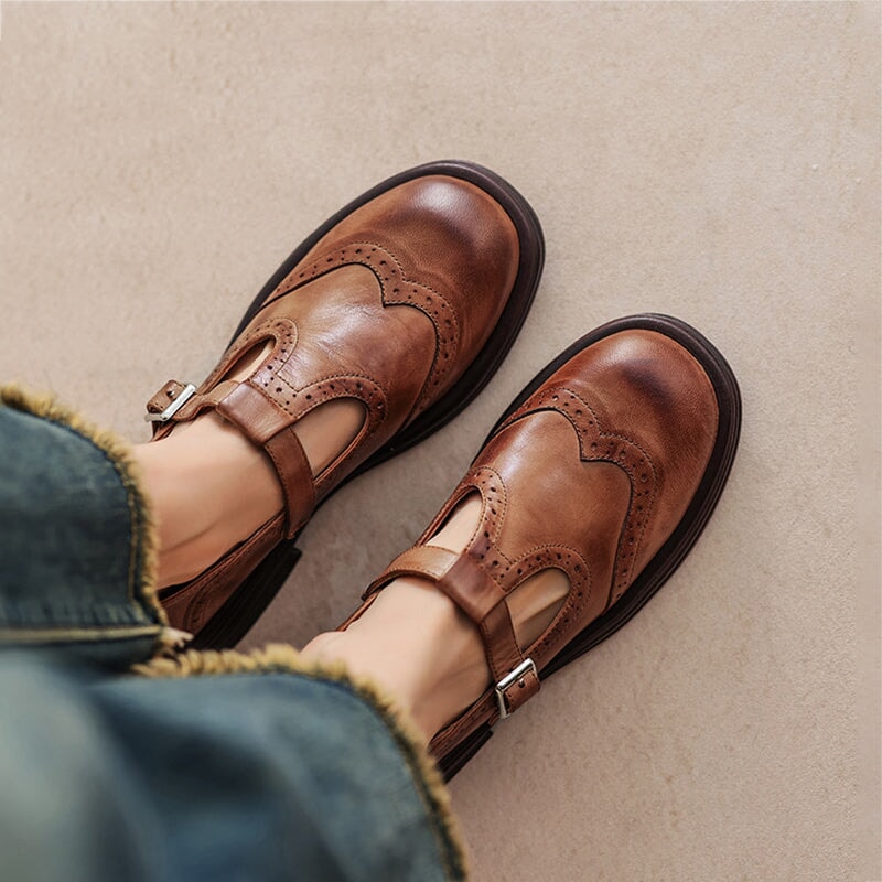 Harmke™ | Vintage Mary Jane Instappers in Bruin Leder