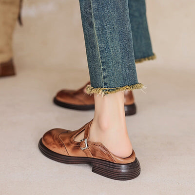 Harmke™ | Vintage Mary Jane Instappers in Bruin Leder