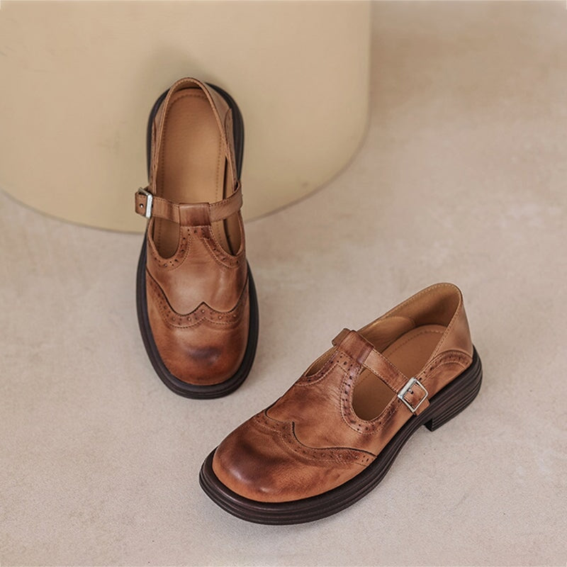 Harmke™ | Vintage Mary Jane Instappers in Bruin Leder