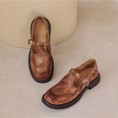 Harmke™ | Vintage Mary Jane Instappers in Bruin Leder
