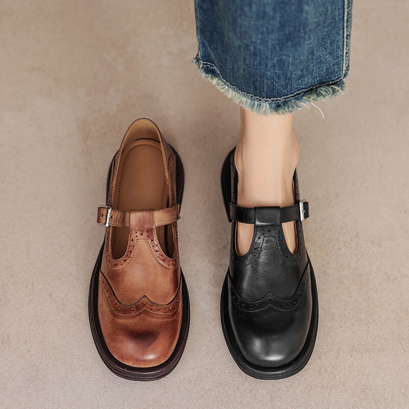Harmke™ | Vintage Mary Jane Instappers in Bruin Leder